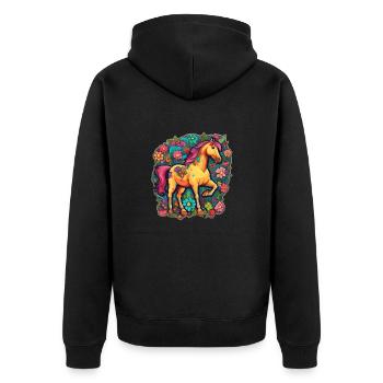 Niedliches Pferd in buntem Cartoon-Blumenmeer - Unisex Premium Bio Zip Hoodie - Schwarz - Hinten - Nico (187cm)