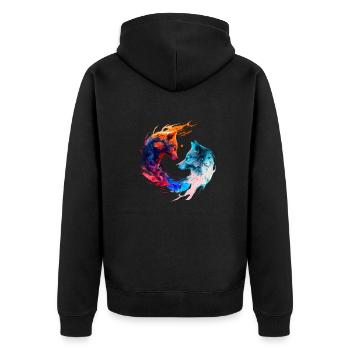 Harmonie der Wölfe /Multicolor Ying und Yang Wölfe - Unisex Premium Bio Zip Hoodie - Schwarz - Hinten - Nico (187cm)