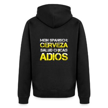 Mallorca MEIN SPANISCH: CERVEZA SALUD CHICAS ADIOS - Unisex Premium Bio Zip Hoodie - Schwarz - Hinten - Nico (187cm)