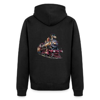Das Bild einer alten Dampflokomotive - Unisex Premium Bio Zip Hoodie - Schwarz - Hinten - Nico (187cm)