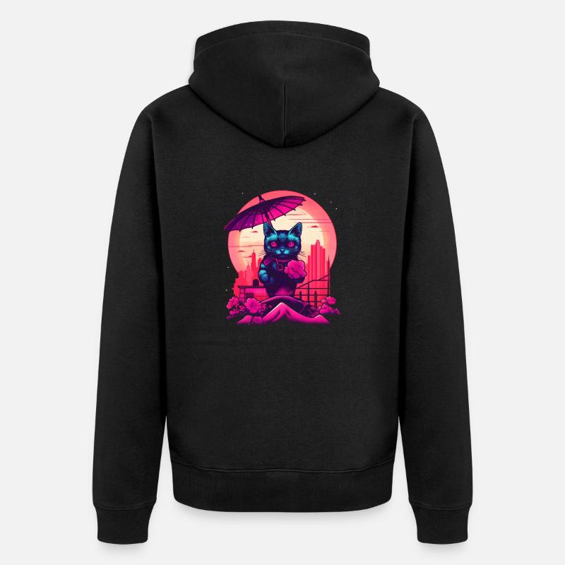 Synthwave japan Chat avec parapluie - Veste à capuche bio Premium Unisexe - noir
