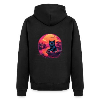 Synthwave black Cat - Unisex Premium Bio Zip Hoodie - Schwarz - Hinten - Nico (187cm)