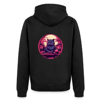 Synthwave japan Cat - Unisex Premium Bio Zip Hoodie - Schwarz - Hinten - Nico (187cm)