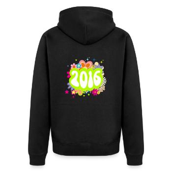 Jahr 2016 Jubiläum Groovy blumig - Unisex Premium Bio Zip Hoodie - Schwarz - Hinten - Nico (187cm)
