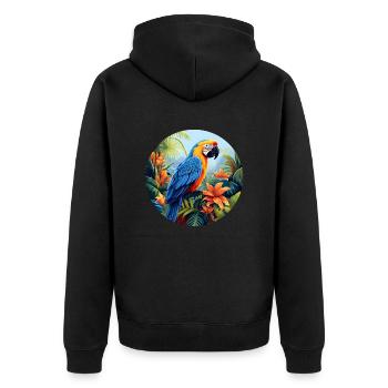 Blauer und goldener Ara - Unisex Premium Bio Zip Hoodie - Schwarz - Hinten - Nico (187cm)