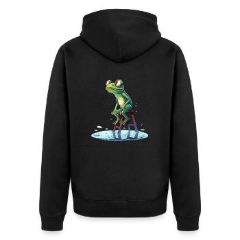 Wetterfrosch sitzt auf der Leiter - Unisex Premium Bio Zip Hoodie - Schwarz - Hinten - Nico (187cm)