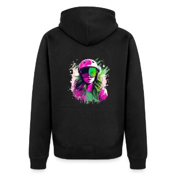 Vintage Frau mit Helm - Unisex Premium Bio Zip Hoodie - Schwarz - Hinten - Nico (187cm)
