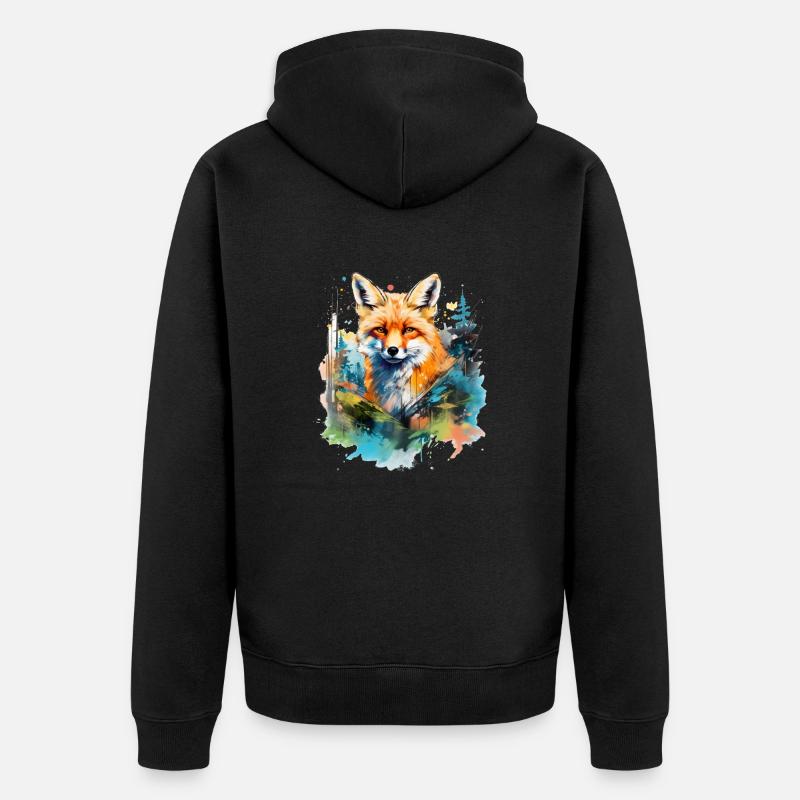renard roux, renard aquarelle - Veste à capuche bio Premium Unisexe - noir
