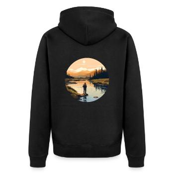 Ein Fliegenfischer in einem kanadischen Fluss - Unisex Premium Bio Zip Hoodie - Schwarz - Hinten - Nico (187cm)