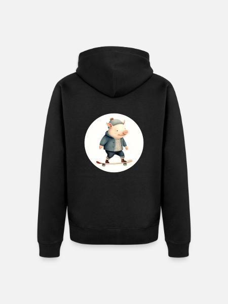Piggy rides skateboard - Unisex Premium Organic Zip Hoodie - black