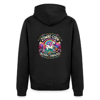 Halloween: Zombie-Einhorn mit Schriftzug - Unisex Premium Bio Zip Hoodie - Schwarz - Hinten - Nico (187cm)