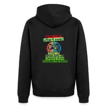 "Game Over, Start Over Konsole T-Shirt" 🎮 - Unisex Premium Bio Zip Hoodie - Schwarz - Hinten - Nico (187cm)