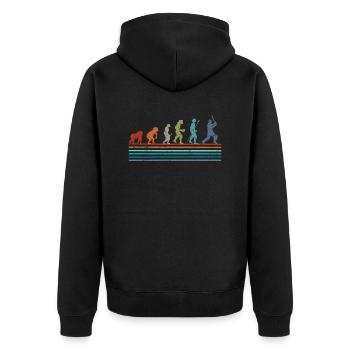 Retro-Vintage-Cricket-Evolution - Unisex Premium Bio Zip Hoodie - Schwarz - Hinten - Nico (187cm)
