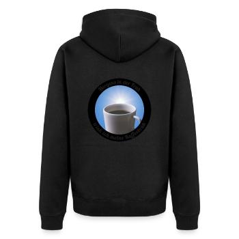 "Morgens in der Früh trink ich meine Kaffeebrüh" - Unisex Premium Bio Zip Hoodie - Schwarz - Hinten - Nico (187cm)