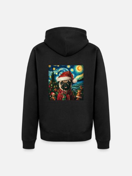 Christmas Pug - Van Gogh Style - Unisex Premium Organic Zip Hoodie - black