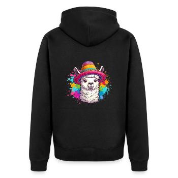 Buntes Cartoon-Lama: - Unisex Premium Bio Zip Hoodie - Schwarz - Hinten - Nico (187cm)