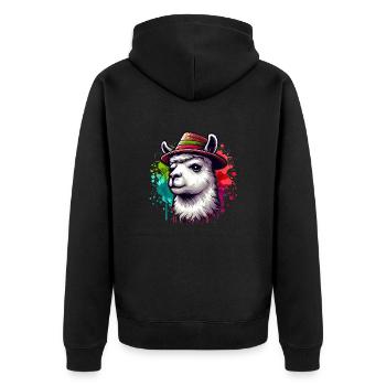 "Lama mit Hut - Unisex Premium Bio Zip Hoodie - Schwarz - Hinten - Nico (187cm)