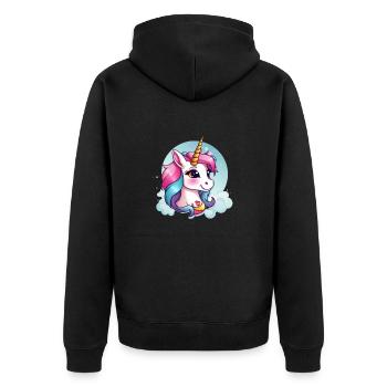 Fröhliches Einhorn Kinder Logo - Unisex Premium Bio Zip Hoodie - Schwarz - Hinten - Nico (187cm)