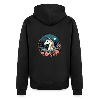 Elegant unicorn logo at night with flowers - Unisex Premium Organic Zip Hoodie - black - Back - Nico (187cm)