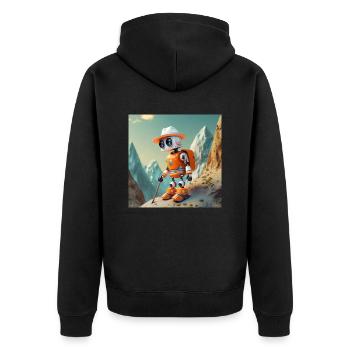 Niedlicher kleiner orangefarbener Vintage-Roboter klettert - Unisex Premium Bio Zip Hoodie - Schwarz - Hinten - Nico (187cm)