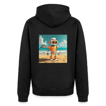 niedlicher kleiner orangefarbener futuristischer Vintage-Roboter - Unisex Premium Bio Zip Hoodie - Schwarz - Hinten - Nico (187cm)