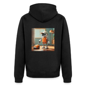 niedlicher kleiner orangefarbener futuristischer Vintage-Roboter - Unisex Premium Bio Zip Hoodie - Schwarz - Hinten - Nico (187cm)