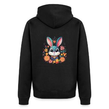 Hase umhüllt von wunderschönen Blumen, süß - Unisex Premium Bio Zip Hoodie - Schwarz - Hinten - Nico (187cm)
