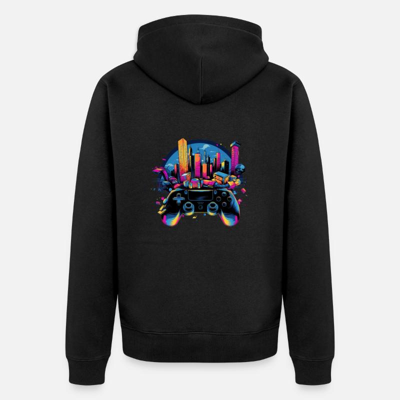 Gaming Universe: Controller & Cityscape Art - Unisex Premium Bio Zip Hoodie - Schwarz
