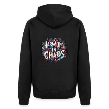 Harmonie im Chaos - Musiktypografie - Unisex Premium Bio Zip Hoodie - Schwarz - Hinten - Nico (187cm)