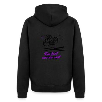 Du bist was du isst - Unisex Premium Bio Zip Hoodie - Schwarz - Hinten - Nico (187cm)