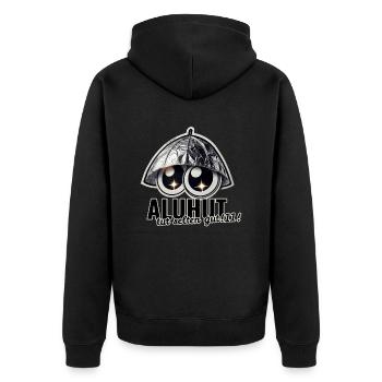 Mimikama Aluhut tut selten gut - Unisex Premium Bio Zip Hoodie - Schwarz - Hinten - Nico (187cm)