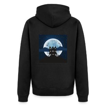 Spukhaus mit leuchtendem Vollmond - Unisex Premium Bio Zip Hoodie - Schwarz - Hinten - Nico (187cm)