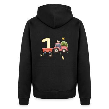 1. Jubiläum Landwirtschaft - Unisex Premium Bio Zip Hoodie - Schwarz - Hinten - Nico (187cm)