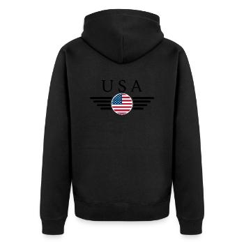 USA Freiheitsgeist T-Shirt - Unisex Premium Bio Zip Hoodie - Schwarz - Hinten - Nico (187cm)