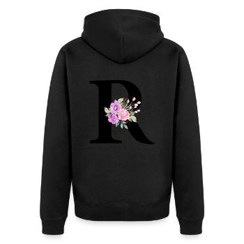 Lila Blumenbuchstabe R - Unisex Premium Bio Zip Hoodie - Schwarz - Hinten - Nico (187cm)