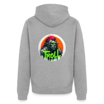 Troll - Unisex Premium Bio Zip Hoodie - Grau meliert - Hinten - Nico (187cm)