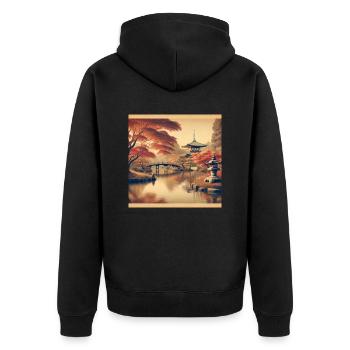 Japan Vintage Teich Abend - Unisex Premium Bio Zip Hoodie - Schwarz - Hinten - Nico (187cm)