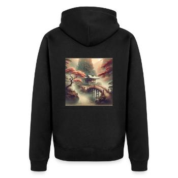 Japan Vintage Teepavilion Brücke - Unisex Premium Bio Zip Hoodie - Schwarz - Hinten - Nico (187cm)