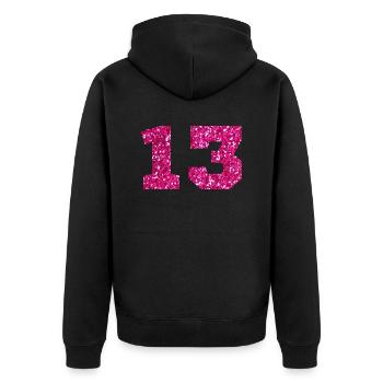 Numéro 13 paillettes rose - 13e anniversaire - Veste à capuche bio Premium Unisexe - noir - Dos - Nico (187cm)