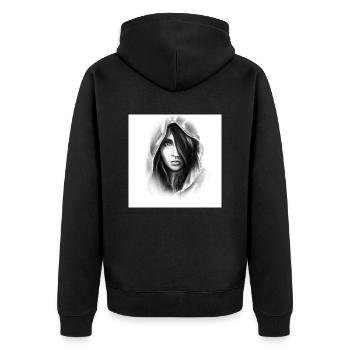 Gezeichnete Frau mit Kapuze - Unisex Premium Bio Zip Hoodie - Schwarz - Hinten - Nico (187cm)