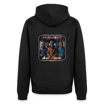 Out of Space - Refugees Welcome Design - Version 3 - Unisex Premium Bio Zip Hoodie - Schwarz - Hinten - Nico (187cm)