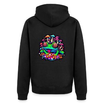 Psychedelischer Frosch mit Pilzen - Unisex Premium Bio Zip Hoodie - Schwarz - Hinten - Nico (187cm)