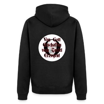 von Gott erschaffen vom Teufel erzeugt - Unisex Premium Bio Zip Hoodie - Schwarz - Hinten - Nico (187cm)