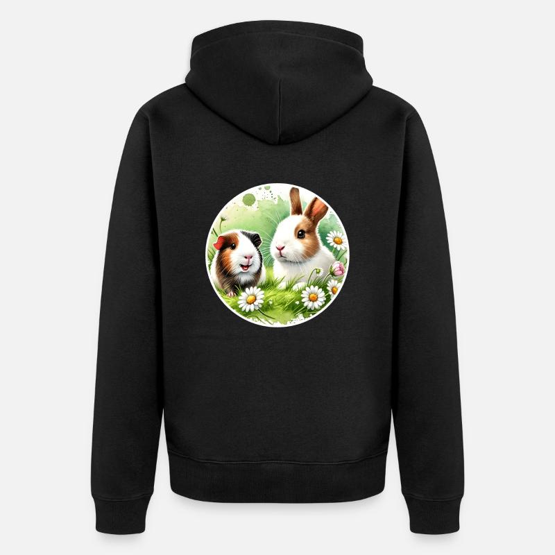 Cochons d’Inde et lapins dans la prairie fleurie - Veste à capuche bio Premium Unisexe - noir