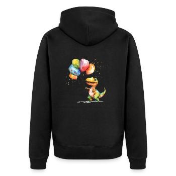 Saurier freut sich über Luftballon - Unisex Premium Bio Zip Hoodie - Schwarz - Hinten - Nico (187cm)