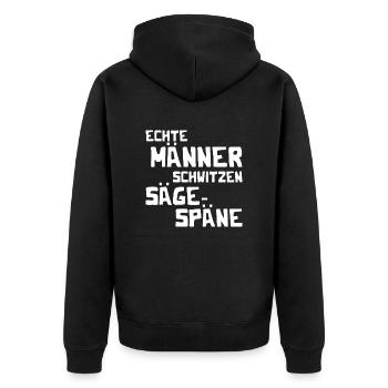 Echte Männer schwitzen Sägespäne - Kettensäge - Unisex Premium Bio Zip Hoodie - Schwarz - Hinten - Nico (187cm)