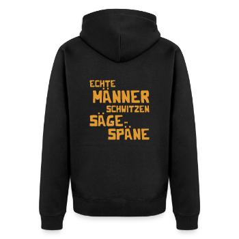 Echte Männer schwitzen Sägespäne - Kettensäge - Unisex Premium Bio Zip Hoodie - Schwarz - Hinten - Nico (187cm)