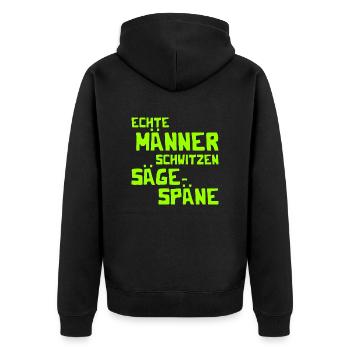 Echte Männer schwitzen Sägespäne - Kettensäge - Unisex Premium Bio Zip Hoodie - Schwarz - Hinten - Nico (187cm)