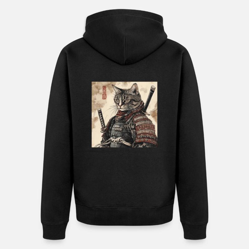 Katze Samurai Japan Ukiyo-E - Unisex Premium Bio Zip Hoodie - Schwarz