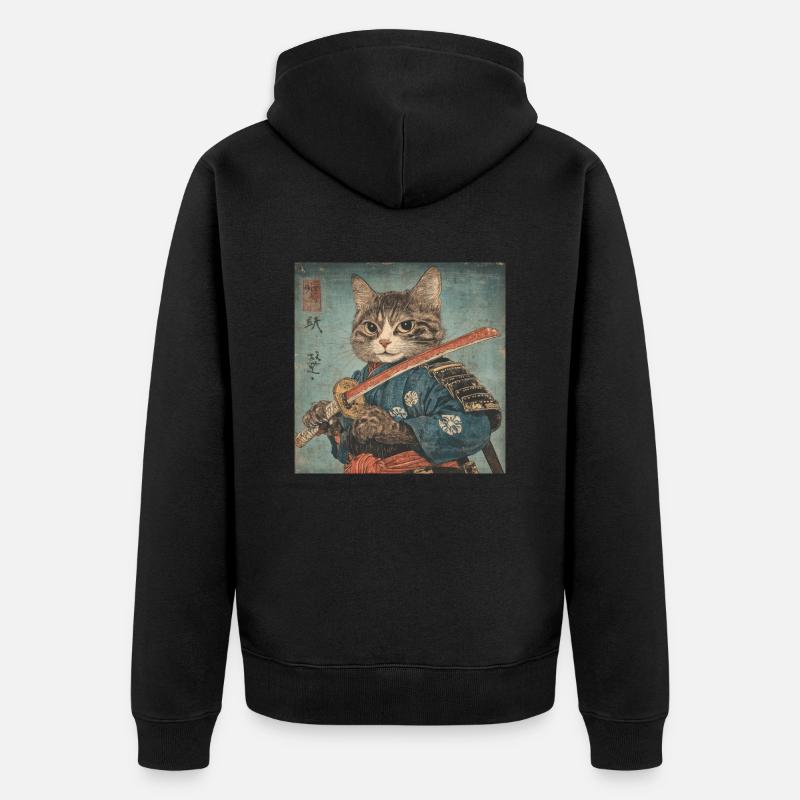 Katze Samurai Japan Ukiyo-E - Unisex Premium Bio Zip Hoodie - Schwarz
